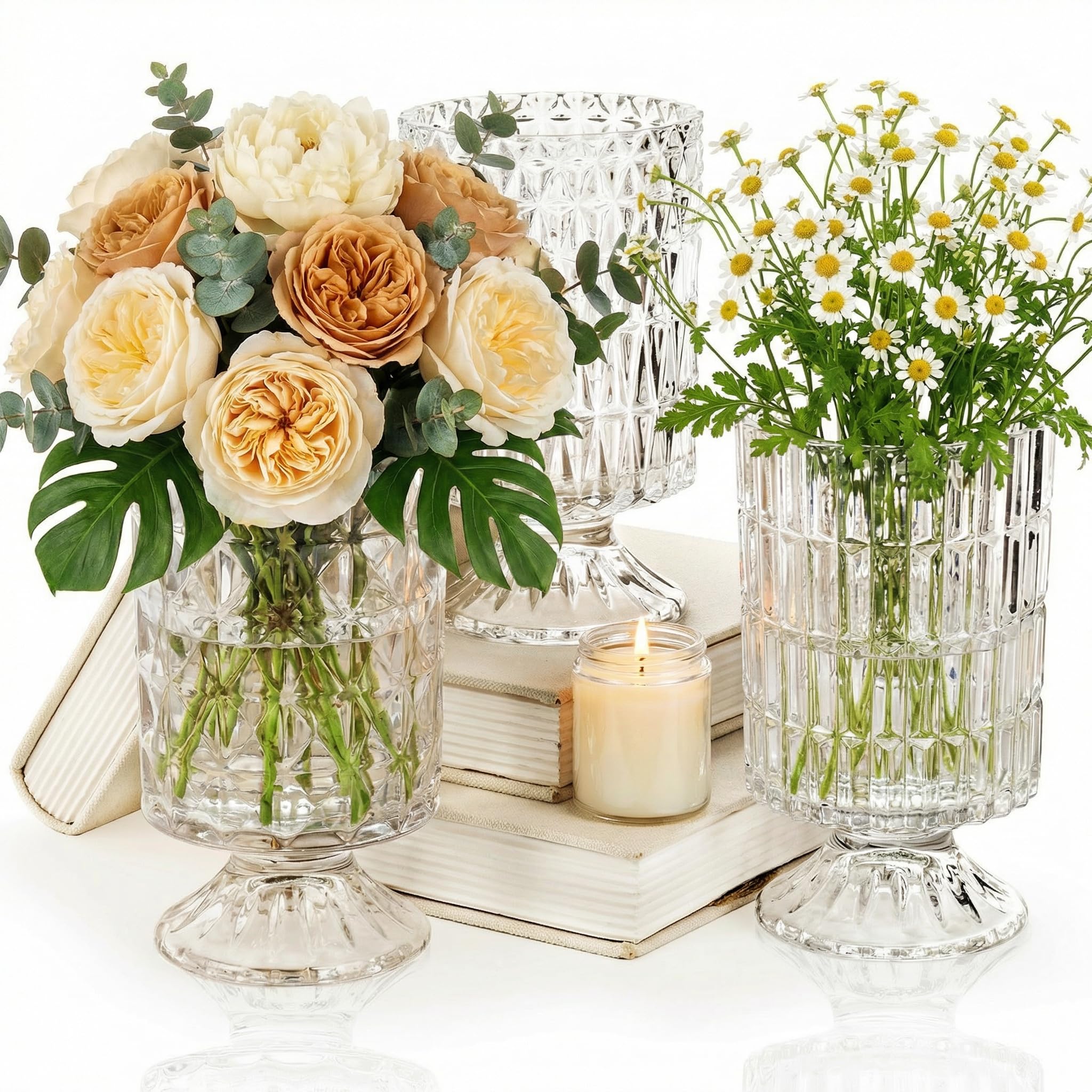 Set of 7-Inch Embossed Crystal Vases