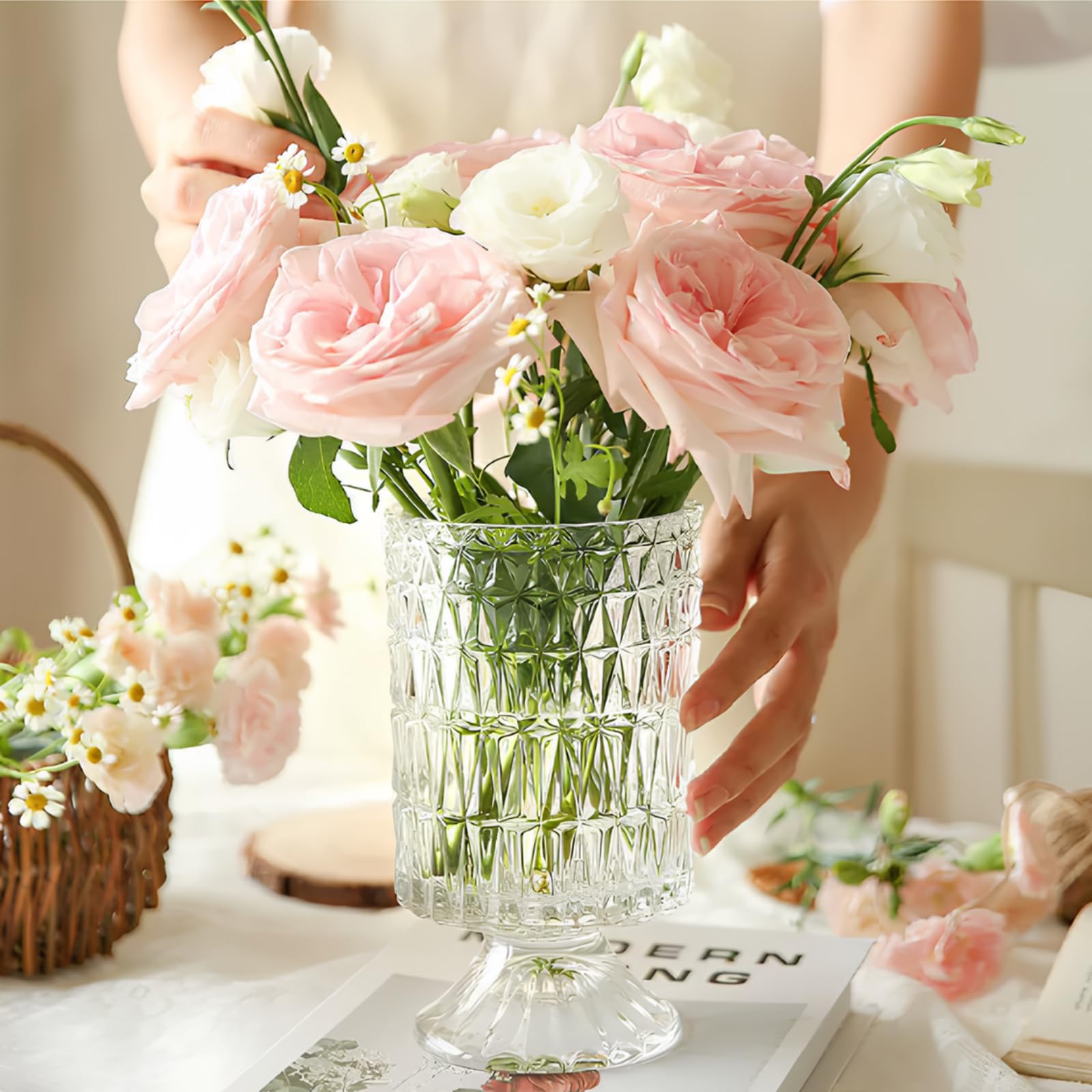 Set of 7-Inch Embossed Crystal Vases